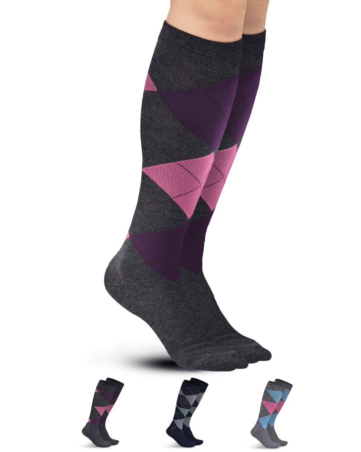 Colorful patterned knee-high socks on a white background