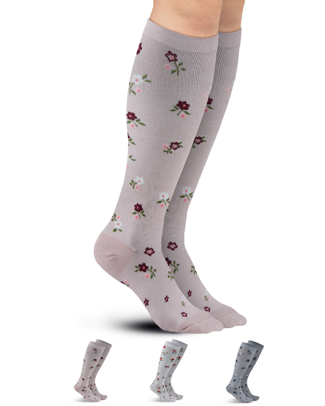Gray knee-high socks with floral pattern on a white background