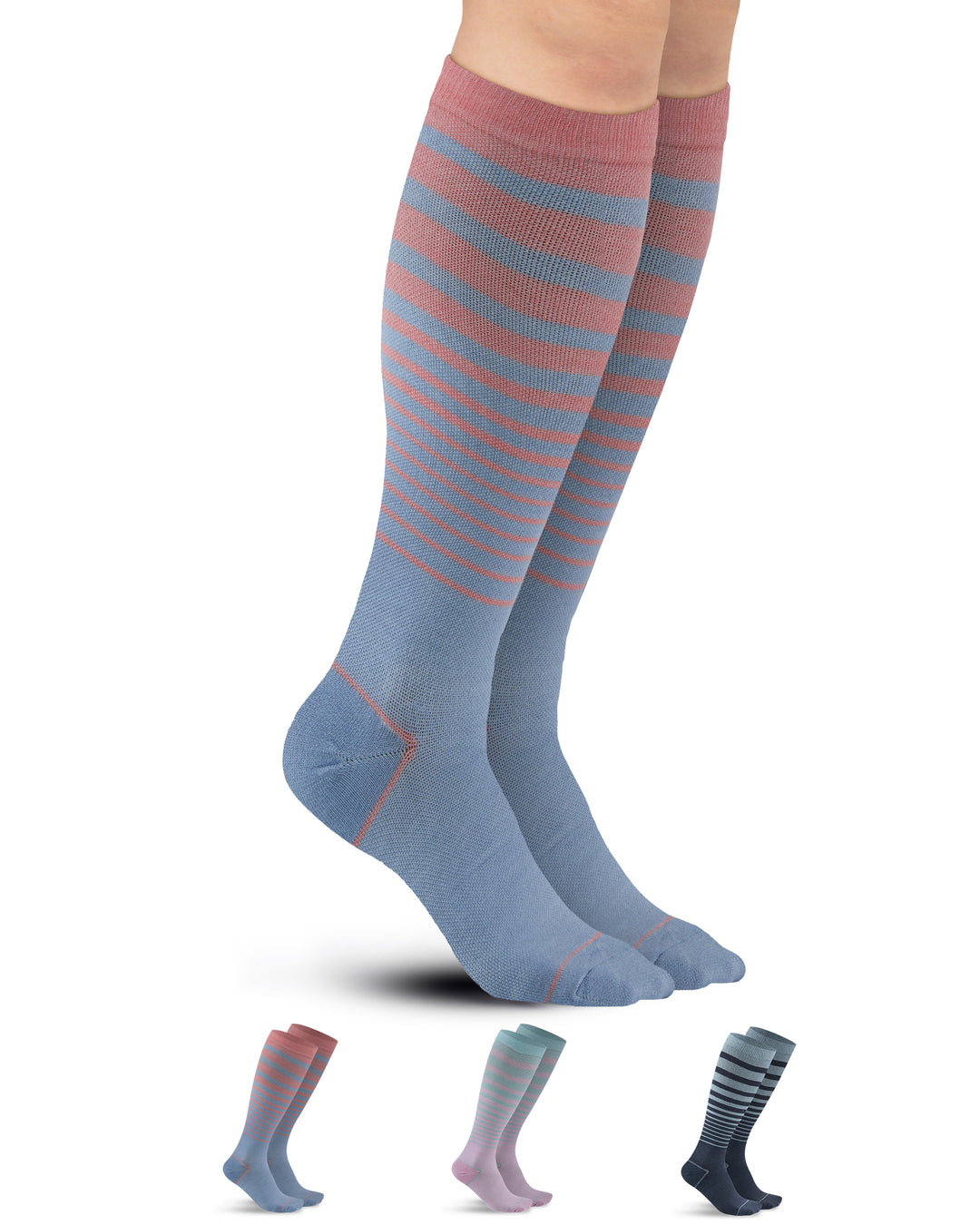 Knee-high socks with pink and blue stripes on a white background