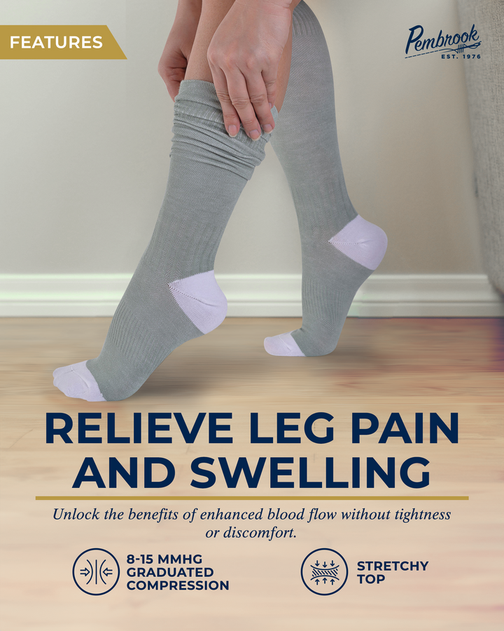 Person wearing gray compression socks with text about relieving leg pain and swelling.