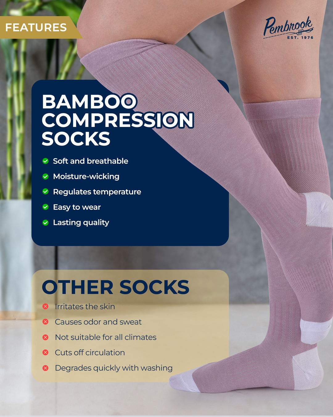 Bamboo compression socks with features listed on a white background