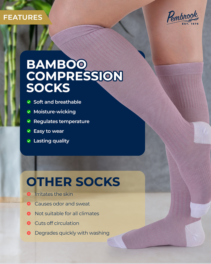 Bamboo compression socks with features listed on a white background