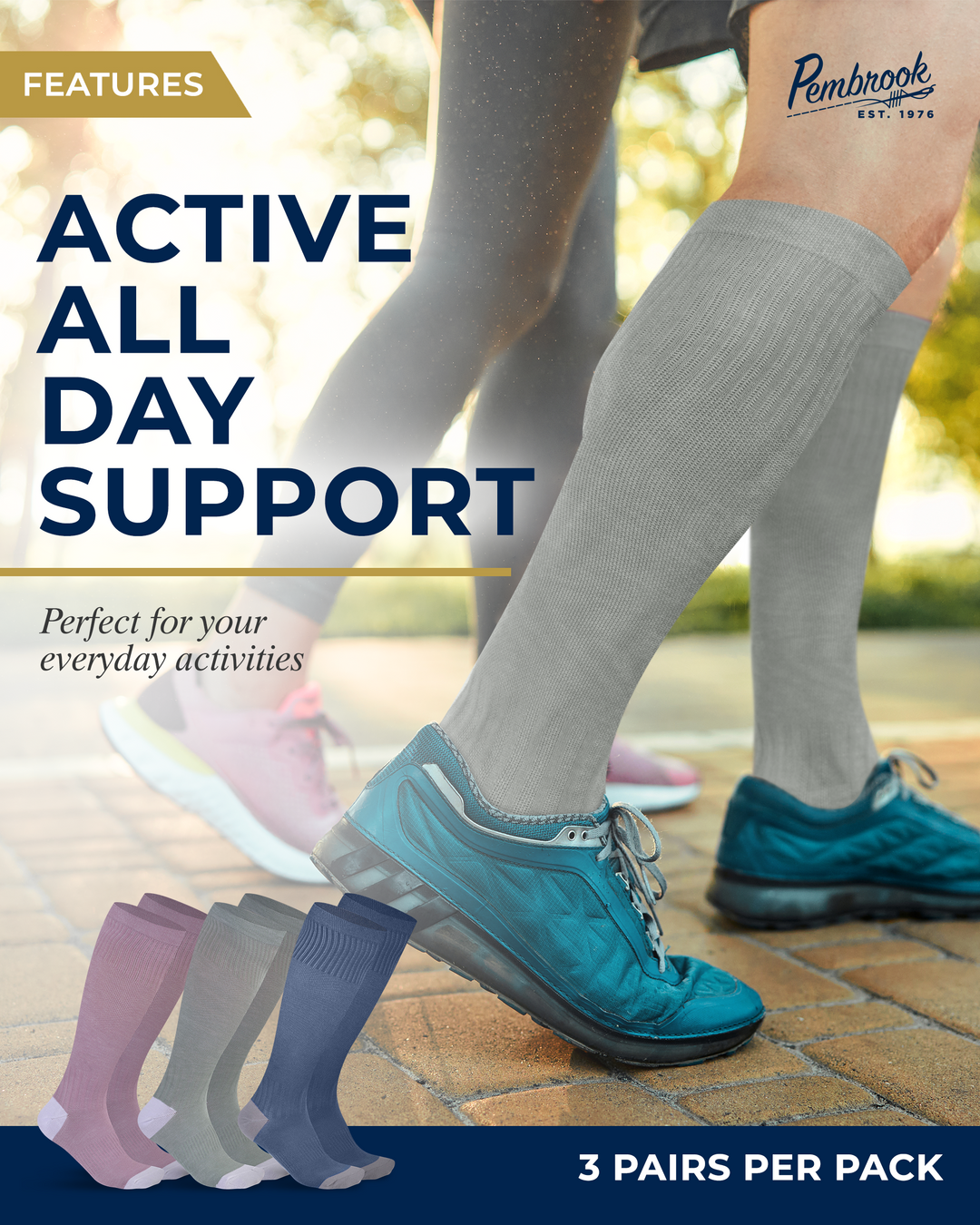 Person wearing gray knee-high socks with blue athletic shoes, with text about active all day support and product features.