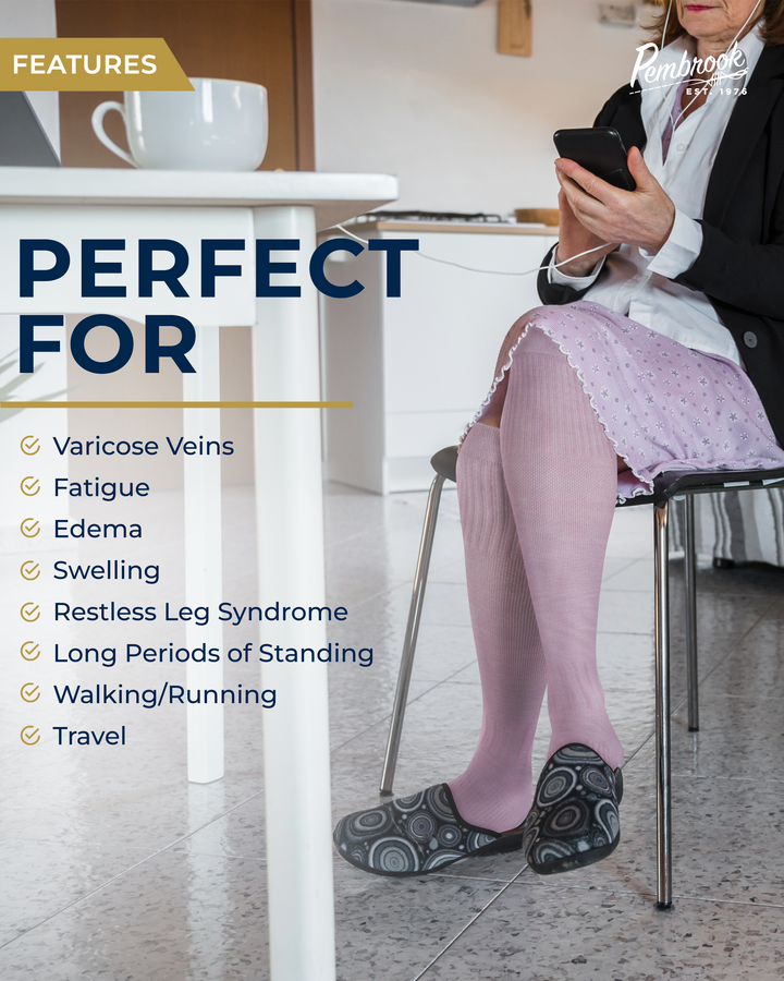Person sitting on a chair wearing pink compression stockings with text highlighting features.