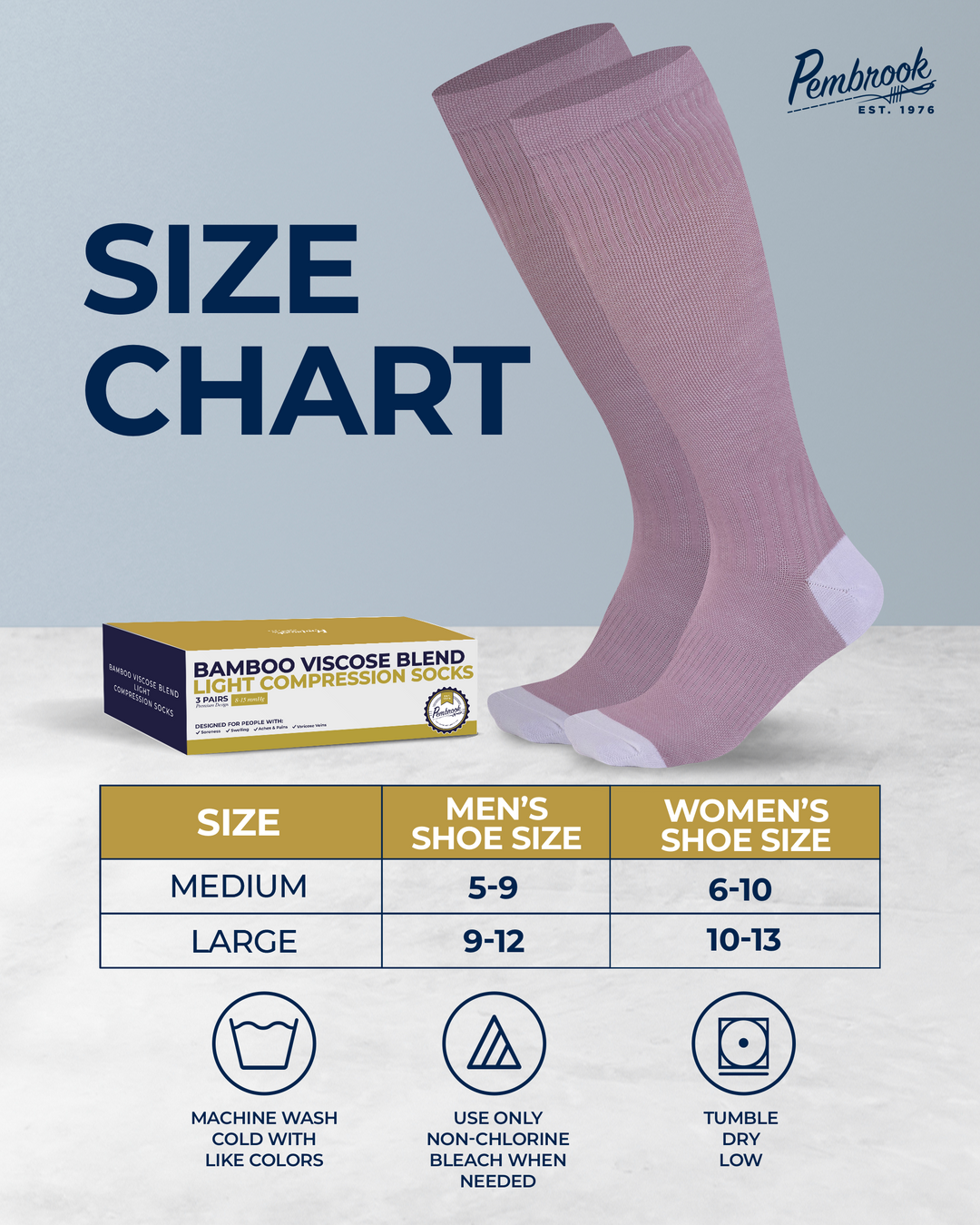 Compression sock size chart with pink sock and packaging on a light gray background