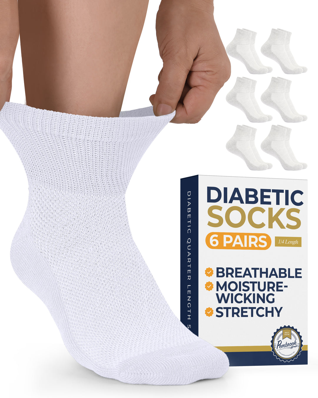 White diabetic sock with packaging of 6 pairs on a white background
