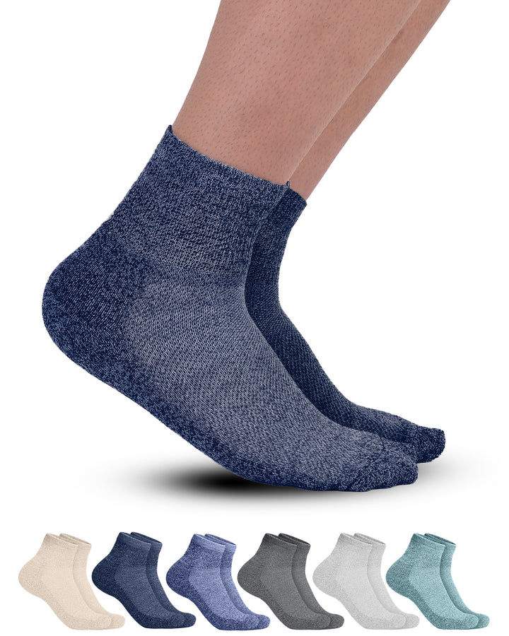 Blue socks worn by a person on a white background with color swatches below.