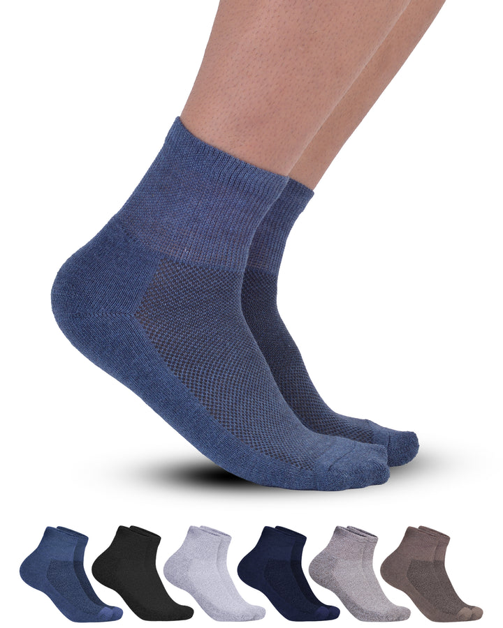Blue ankle socks with a row of six pairs in different colors below on a white background