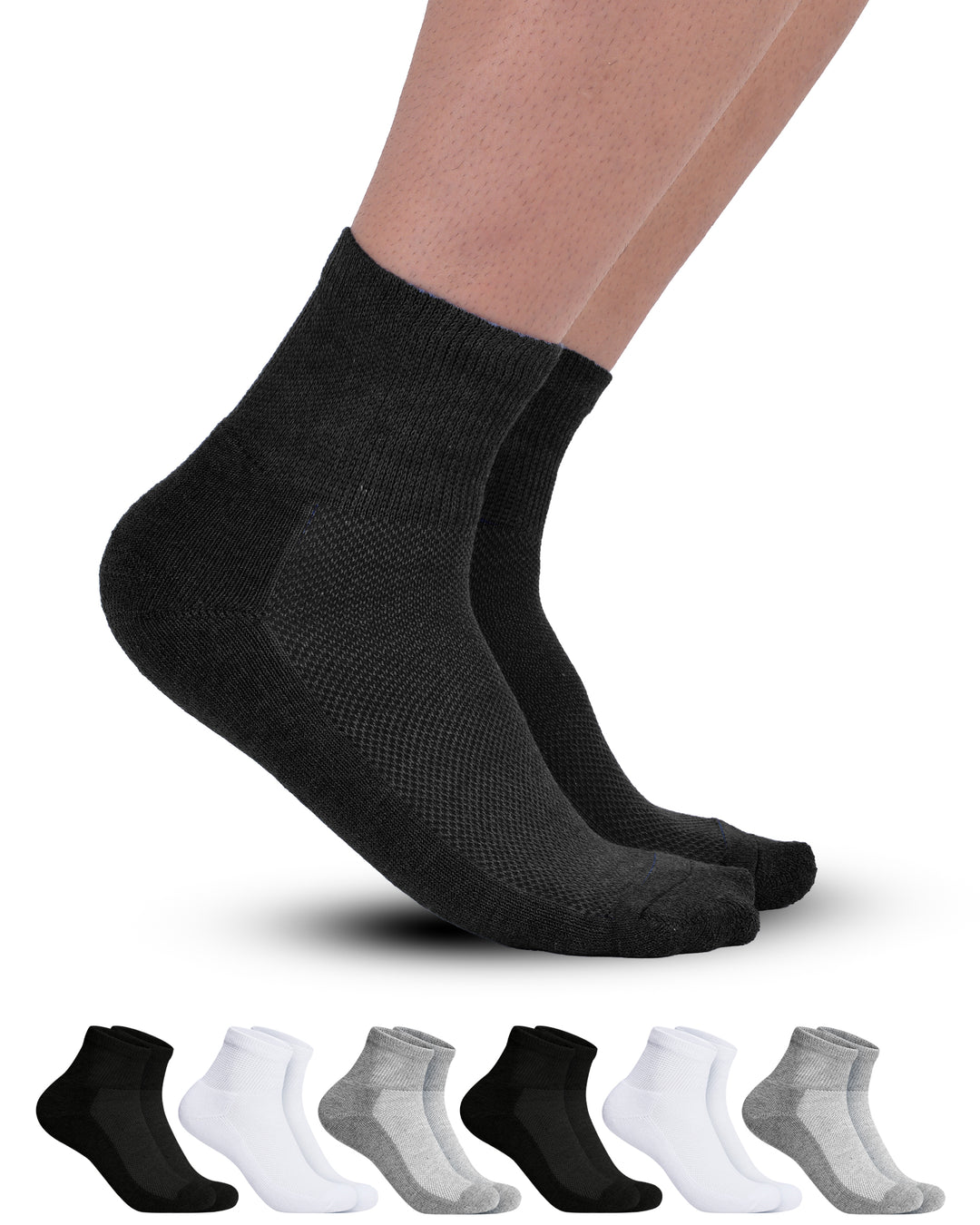 Black ankle socks on feet with a set of six pairs in black, white, and gray below on a white background.