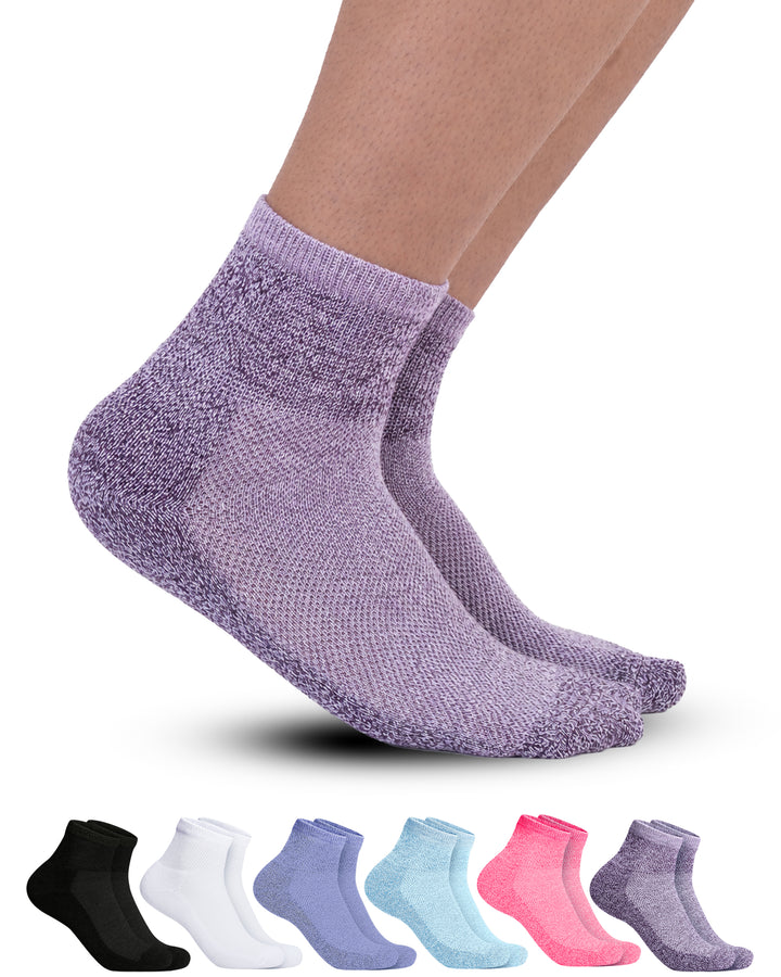 Purple textured sock on a white background with six other colored socks below.