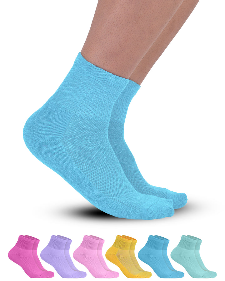 Light blue ankle sock with a set of six colorful socks below on a white background