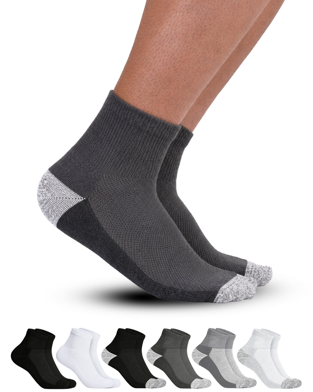 Gray ankle socks with white and black pairs displayed below on a white background