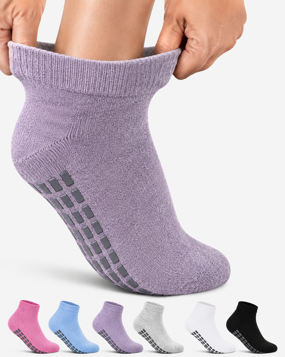 Purple ankle sock with gripper pattern held by a hand, with other colored socks displayed below on a white background.