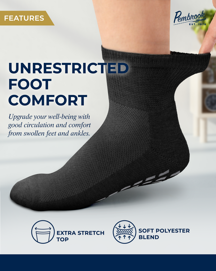 Black sock on a foot with text about unrestricted foot comfort and product features.