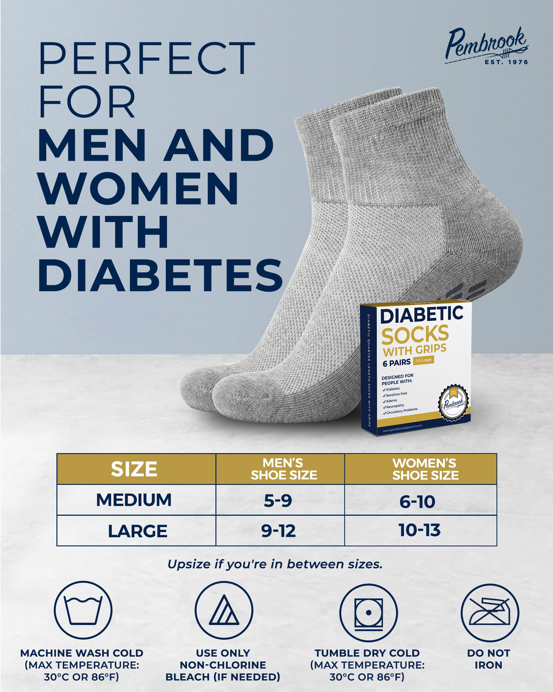Gray diabetic socks with a box labeled &