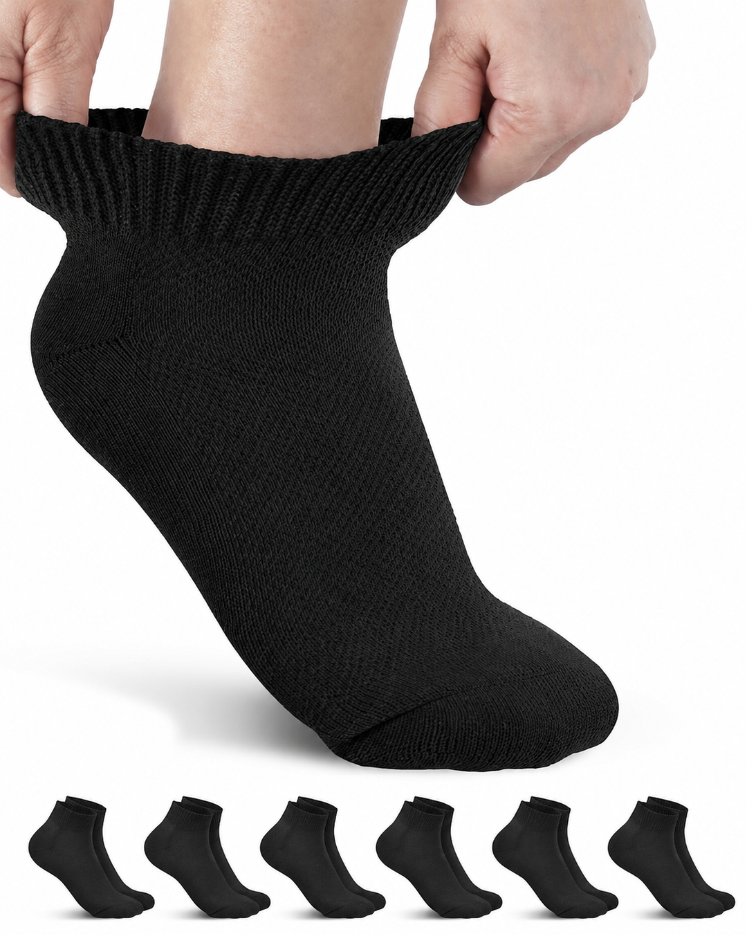 Person wearing a black ankle sock with six additional black socks displayed below on a white background