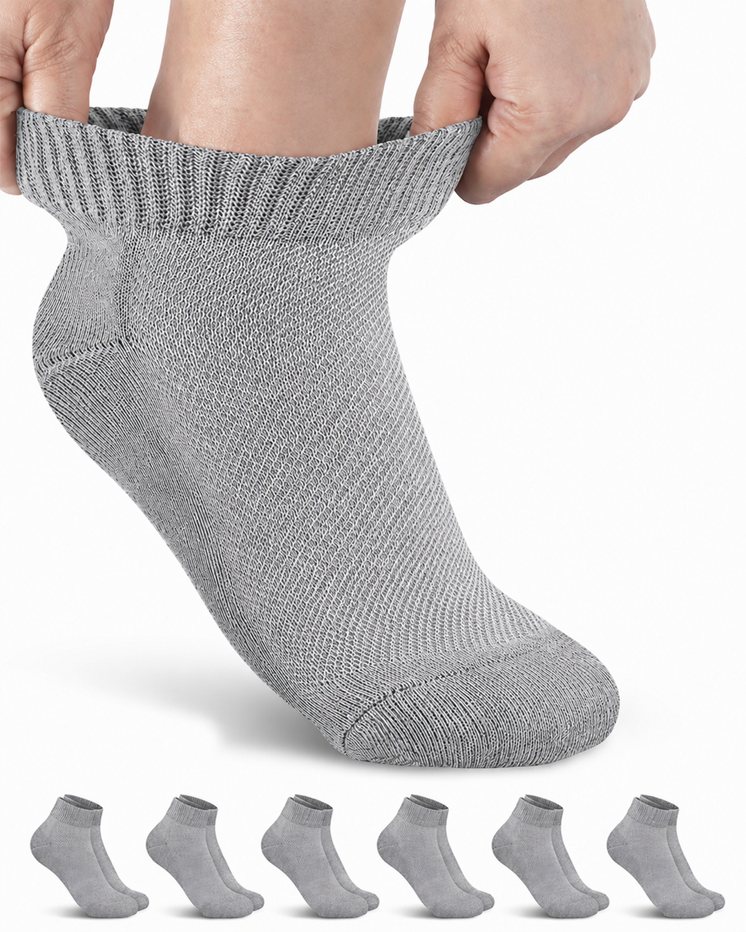 Person wearing a gray ankle sock with six additional socks displayed below on a white background