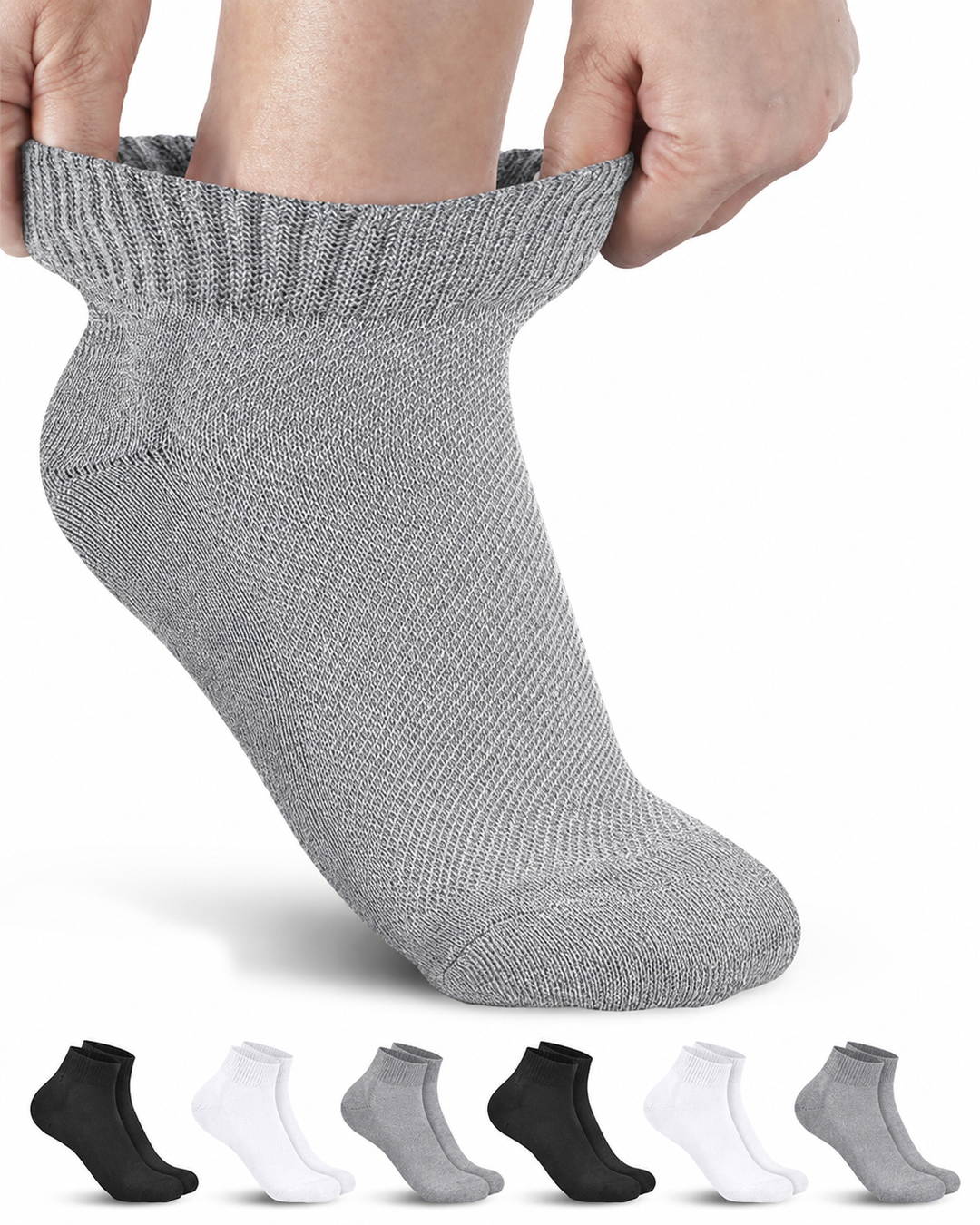 Gray ankle sock being held up with six pairs of black, white, and gray ankle socks displayed below on a white background.