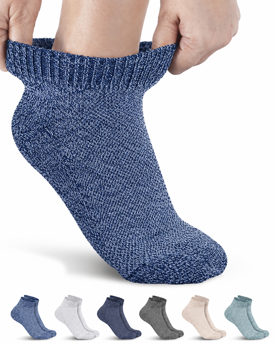 Blue textured sock being worn with a display of other colored socks below on a white background