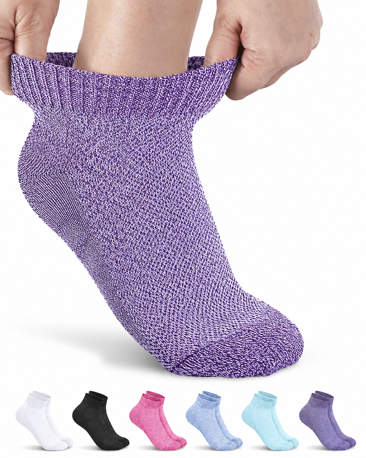 Purple textured sock being worn with a set of six pairs in different colors below on a white background.