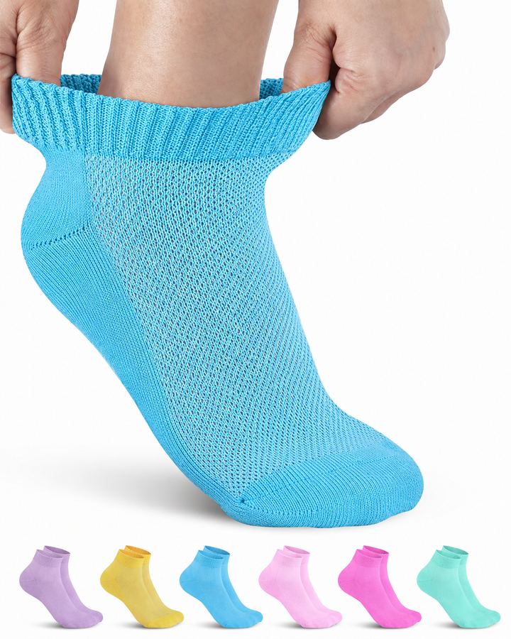 Blue sock being worn with other colorful socks displayed below on a white background