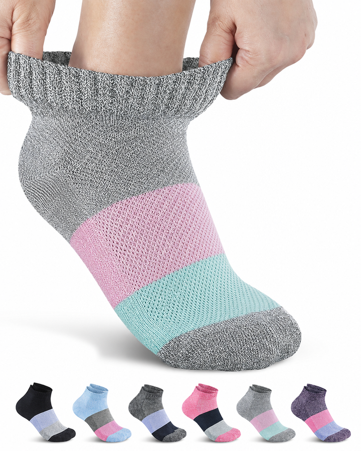 Colorful socks with a gray top and pink and blue bottom, shown on a white background.