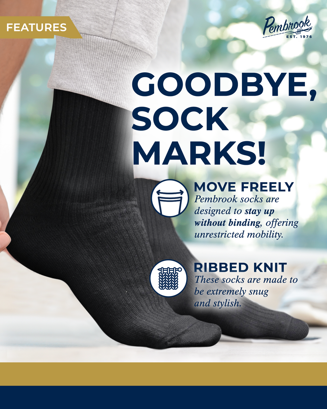 Black socks with text about sock marks and mobility on a blurred background
