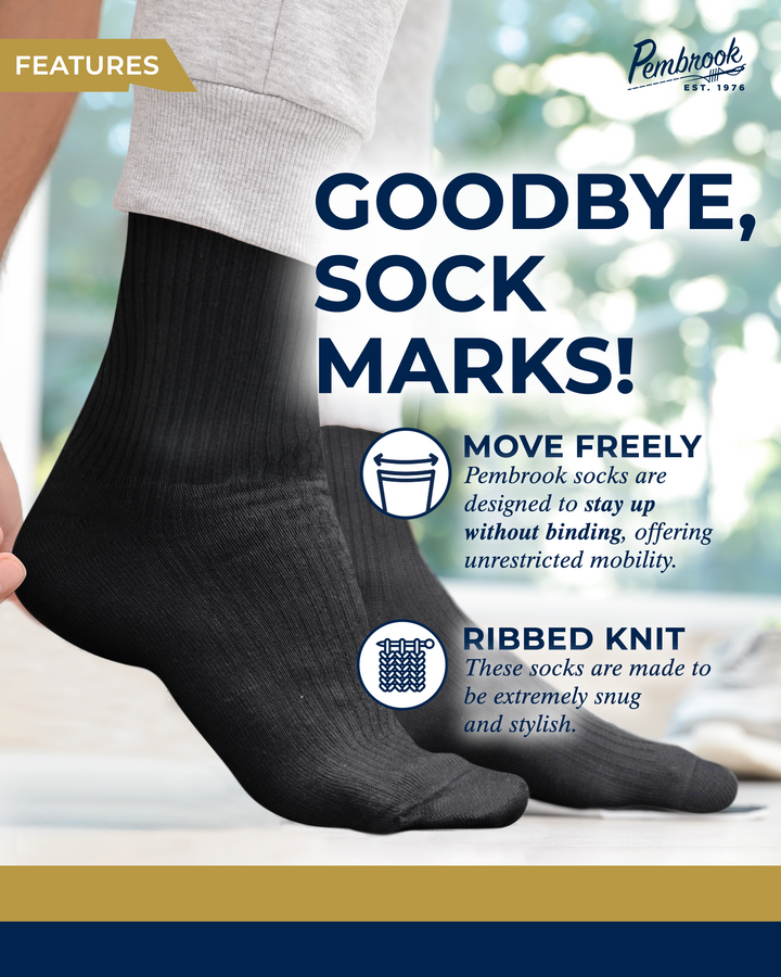 Black socks with text about sock marks and mobility on a blurred background