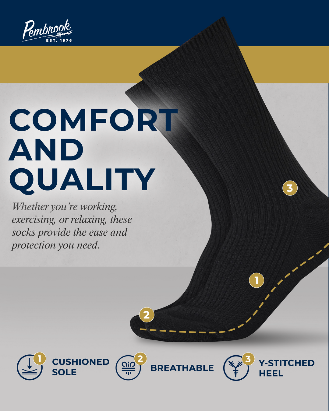 Black sock with features highlighted on a gray background, featuring the brand &