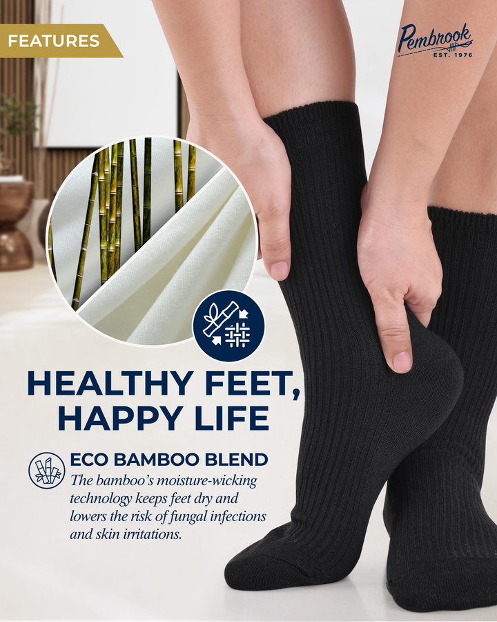Person wearing black socks with eco bamboo blend feature text and close-up of bamboo fibers.