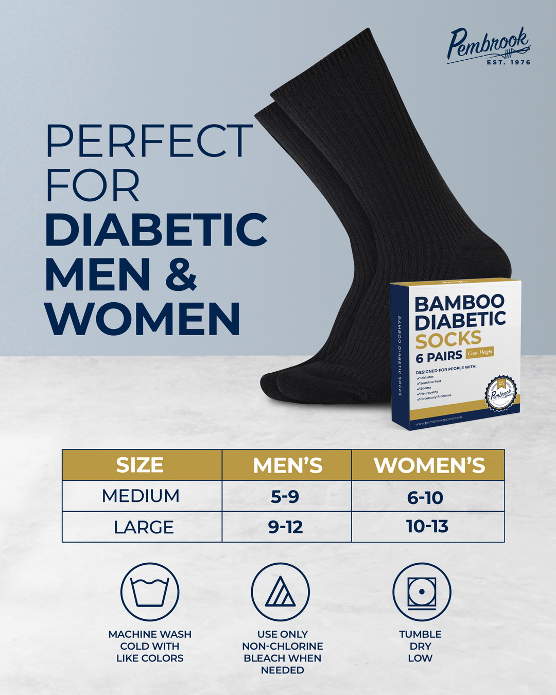 Black bamboo diabetic socks with packaging and size chart on a light gray background