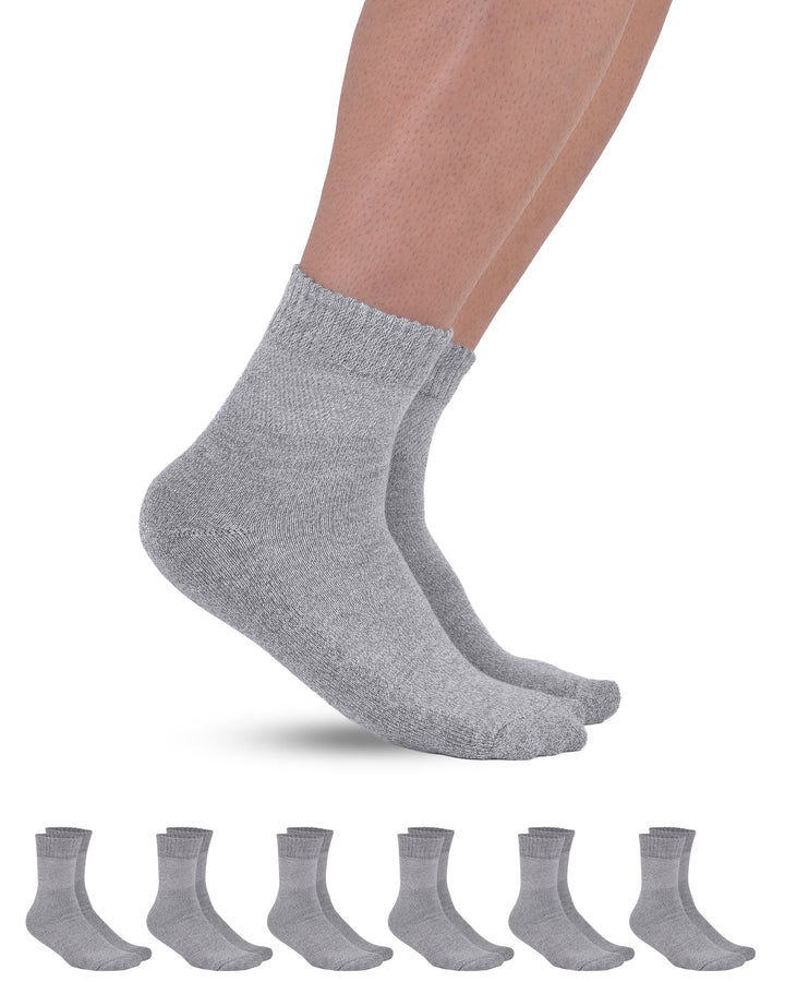 Gray socks being worn with a set of six additional gray socks displayed below on a white background.
