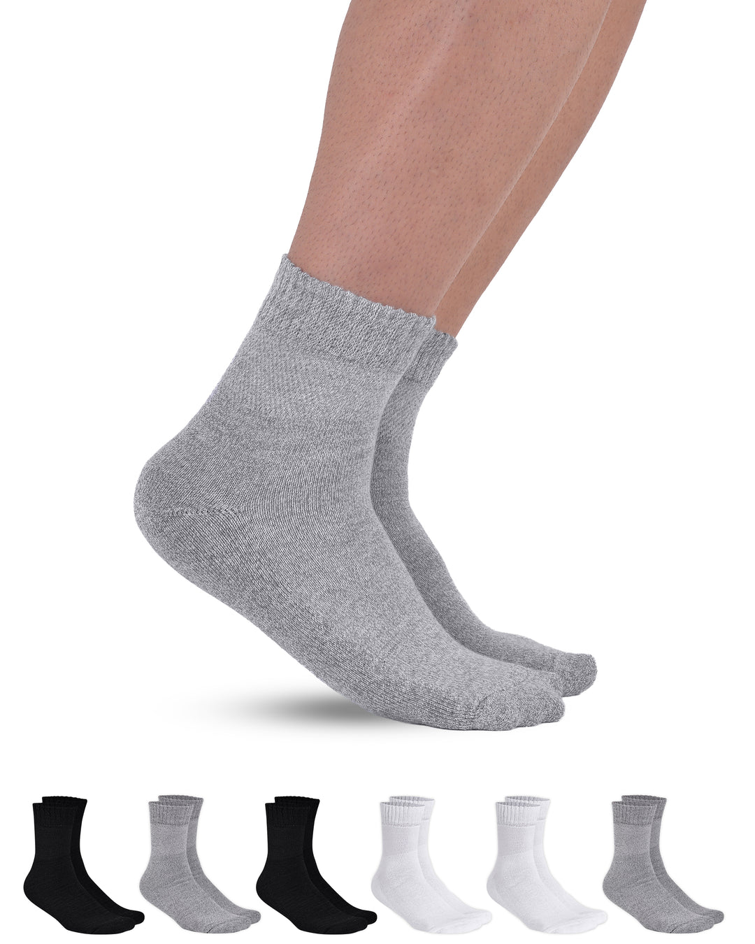 Gray socks being worn with a set of six pairs displayed below on a white background.