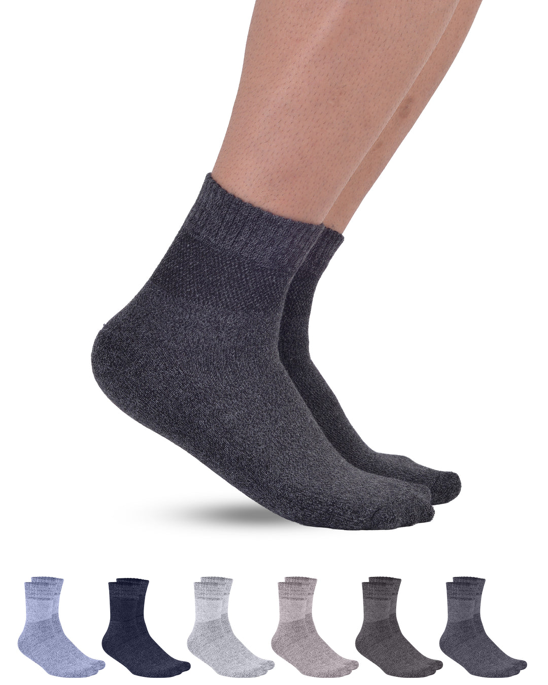Dark gray socks worn by a person on a white background with six pairs of socks displayed below.