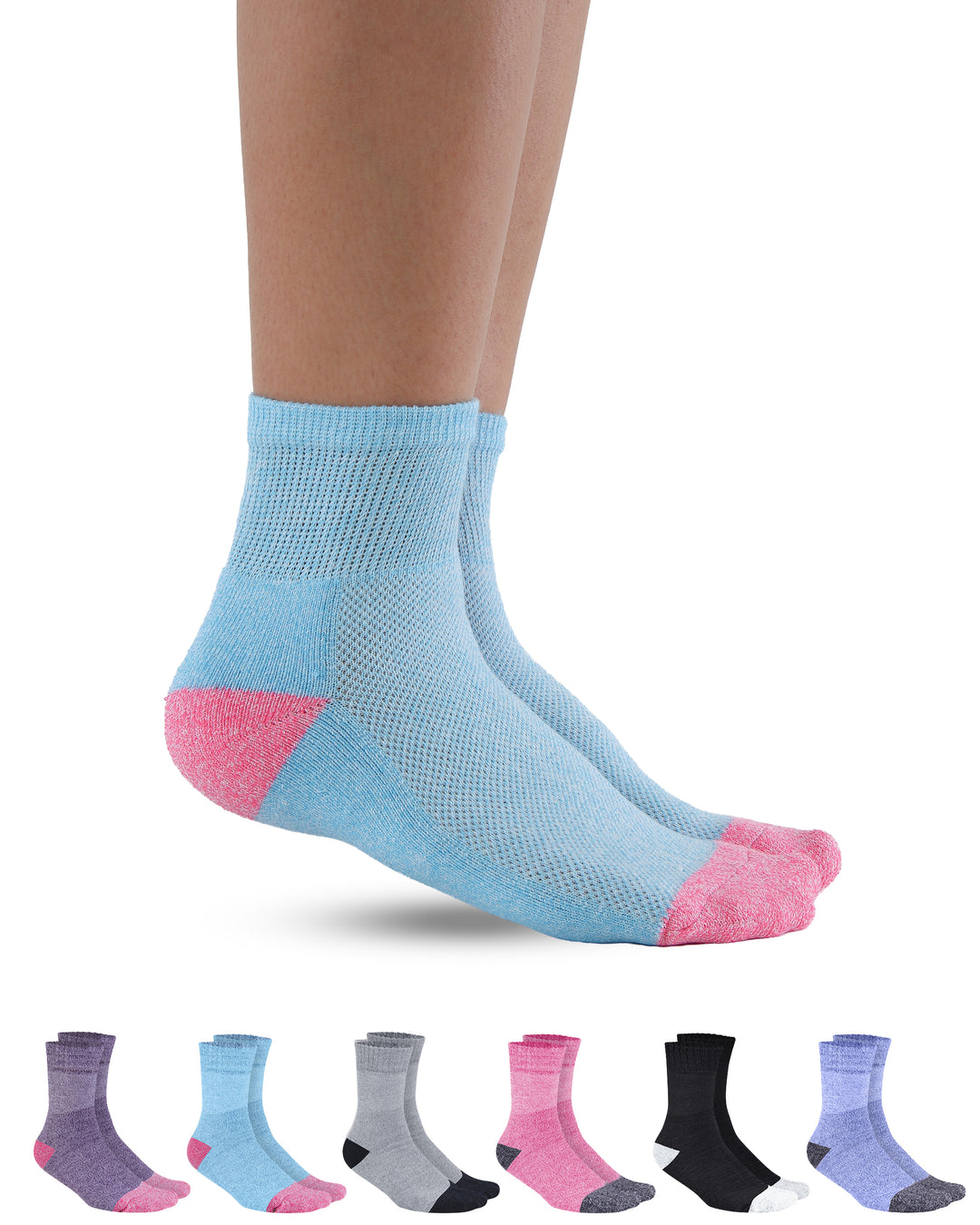 Light blue ankle socks with pink toes and heels displayed on a white background.