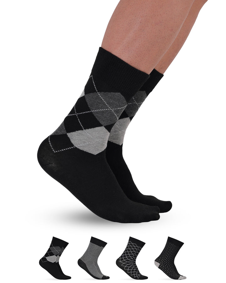 Black and gray argyle patterned socks with additional pairs displayed below on a white background.