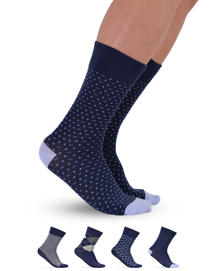 Navy patterned socks with a set of five additional sock styles displayed below on a white background.