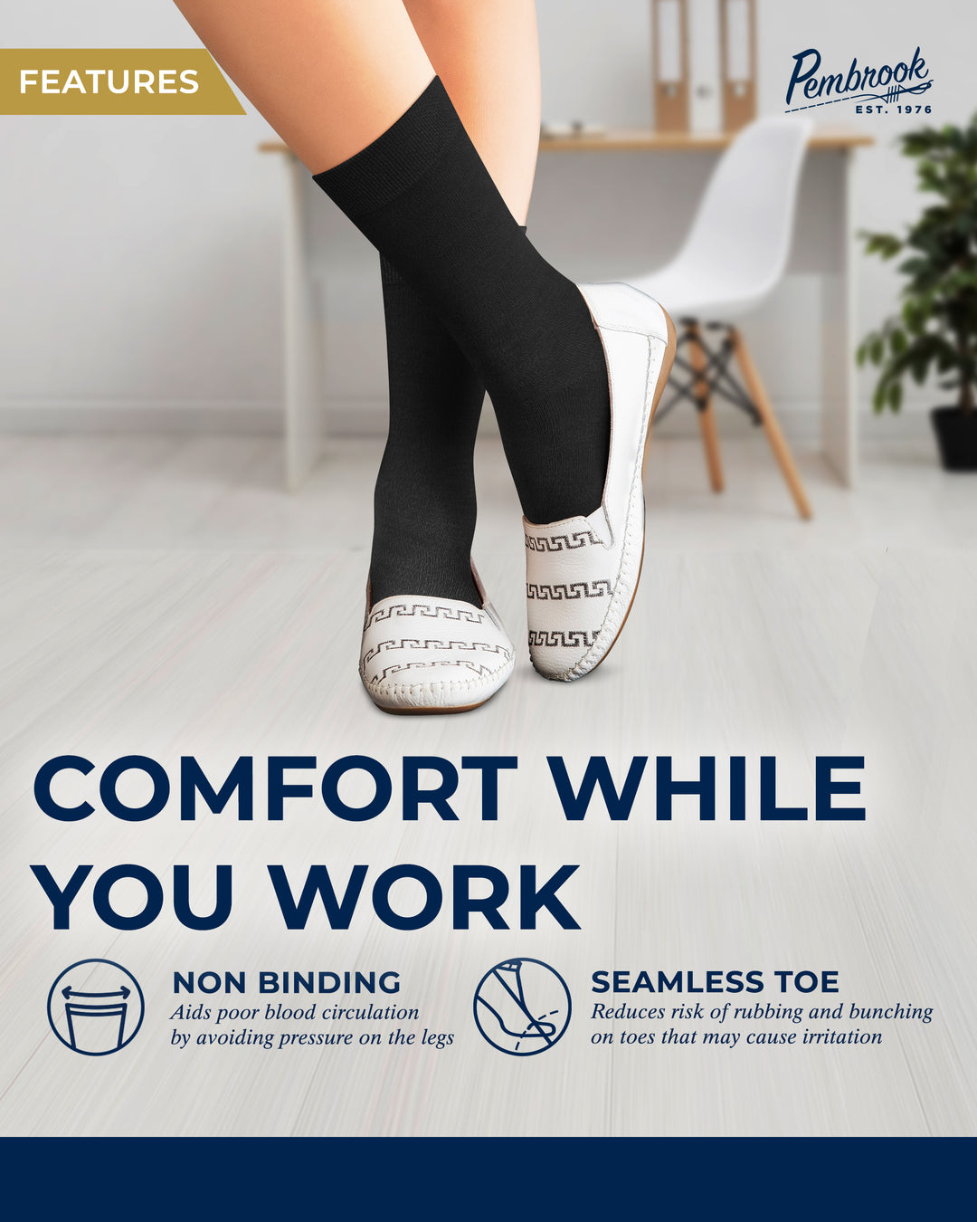 Person wearing black compression socks with text about comfort while working, set against a blurred office background.