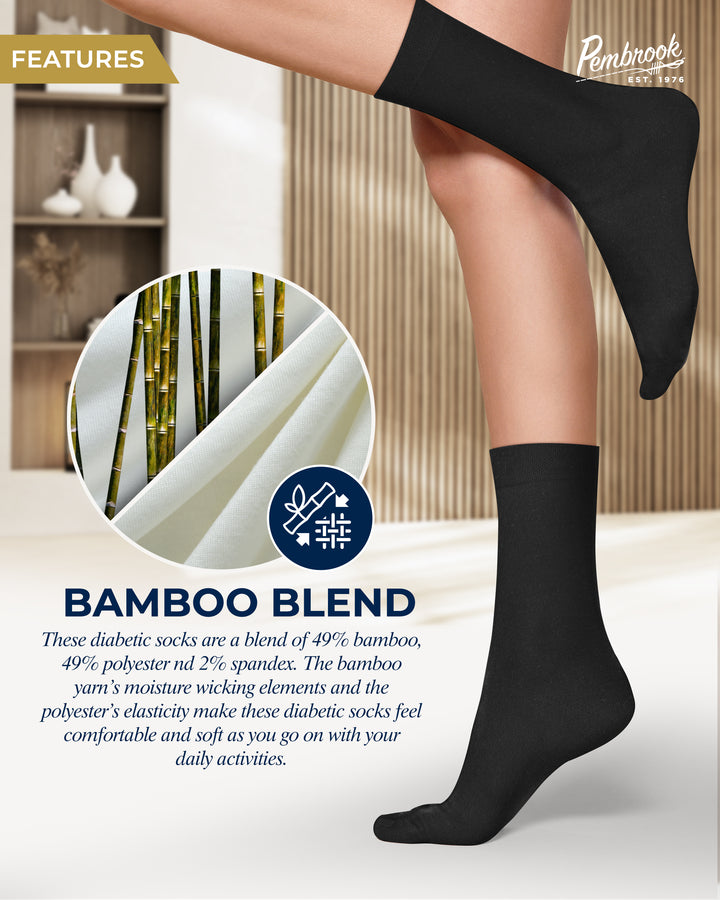 Black diabetic socks with bamboo blend feature on a neutral background