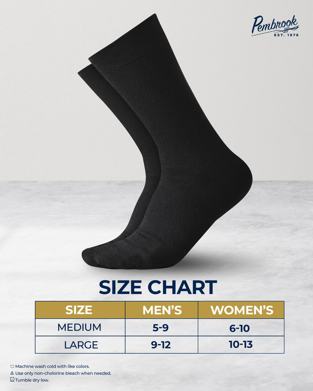 Black socks with a size chart for men and women on a light gray background