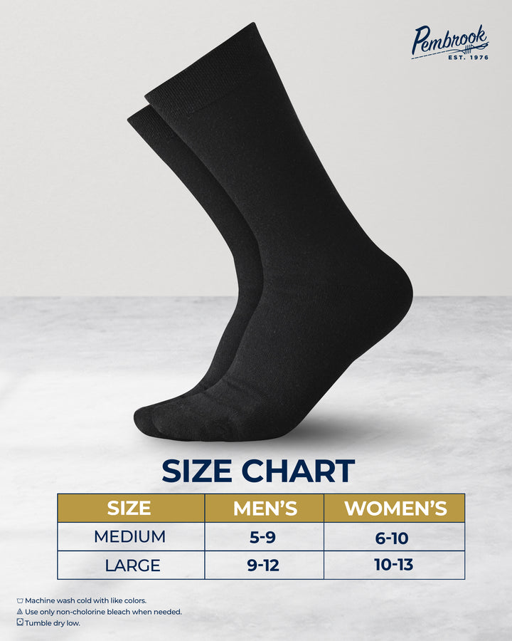 Black socks with a size chart for men and women on a light gray background