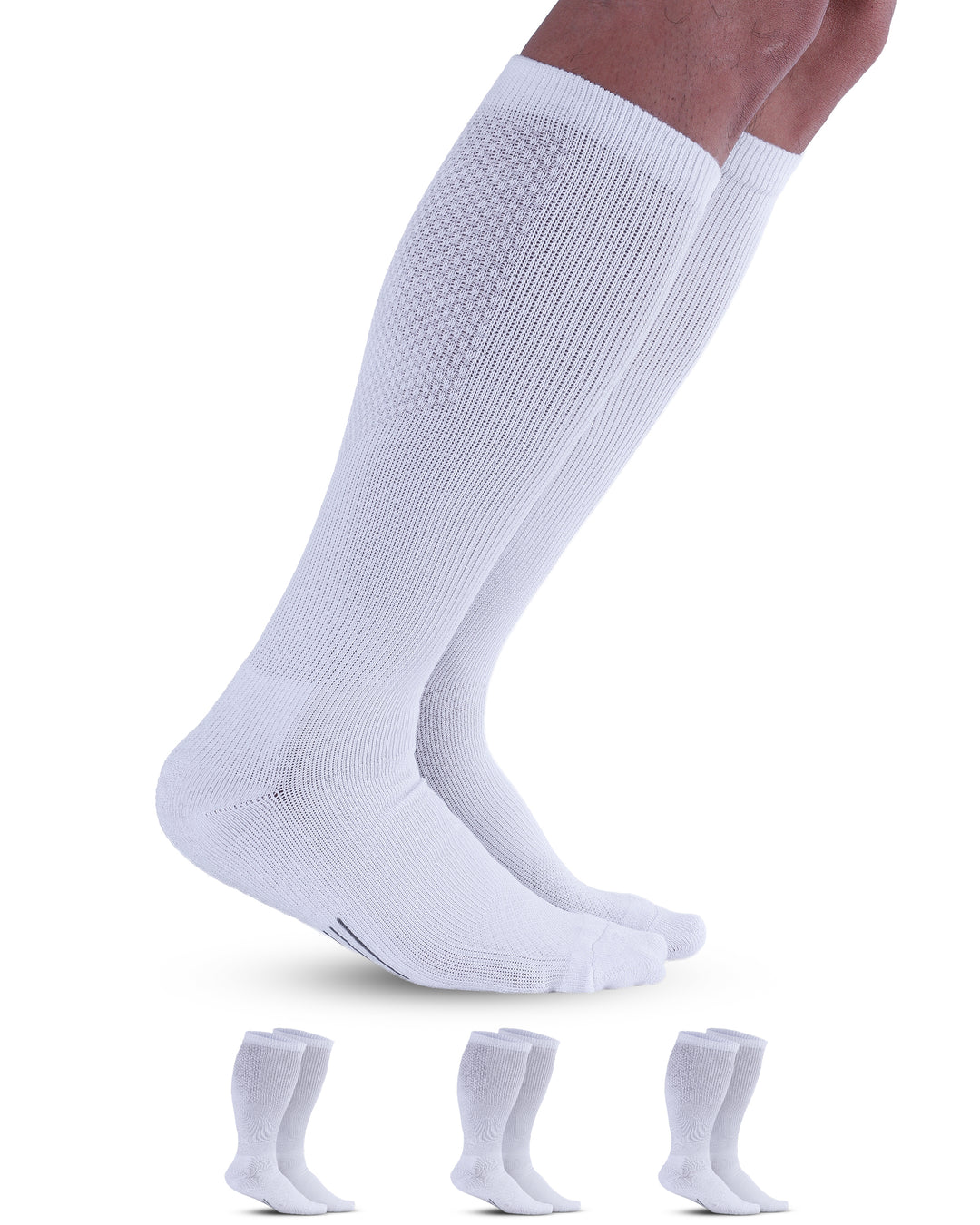 White knee-high socks with textured pattern on a white background