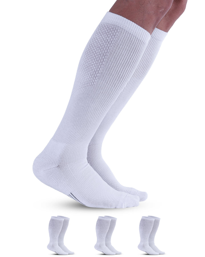 White knee-high socks with textured pattern on a white background