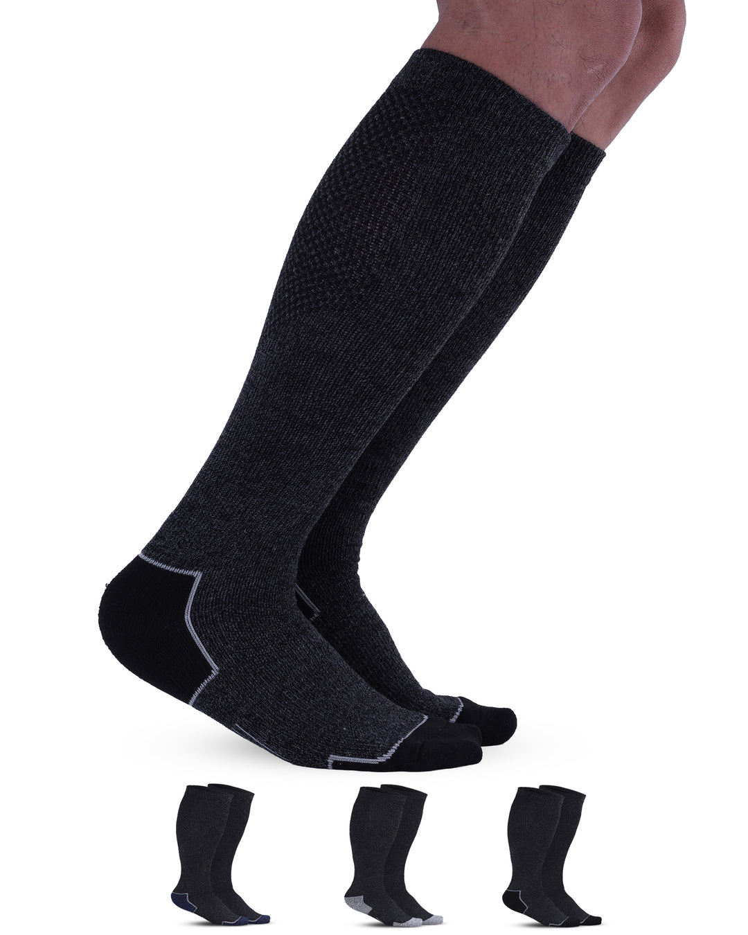 Black knee-high socks with additional pairs displayed below on a white background