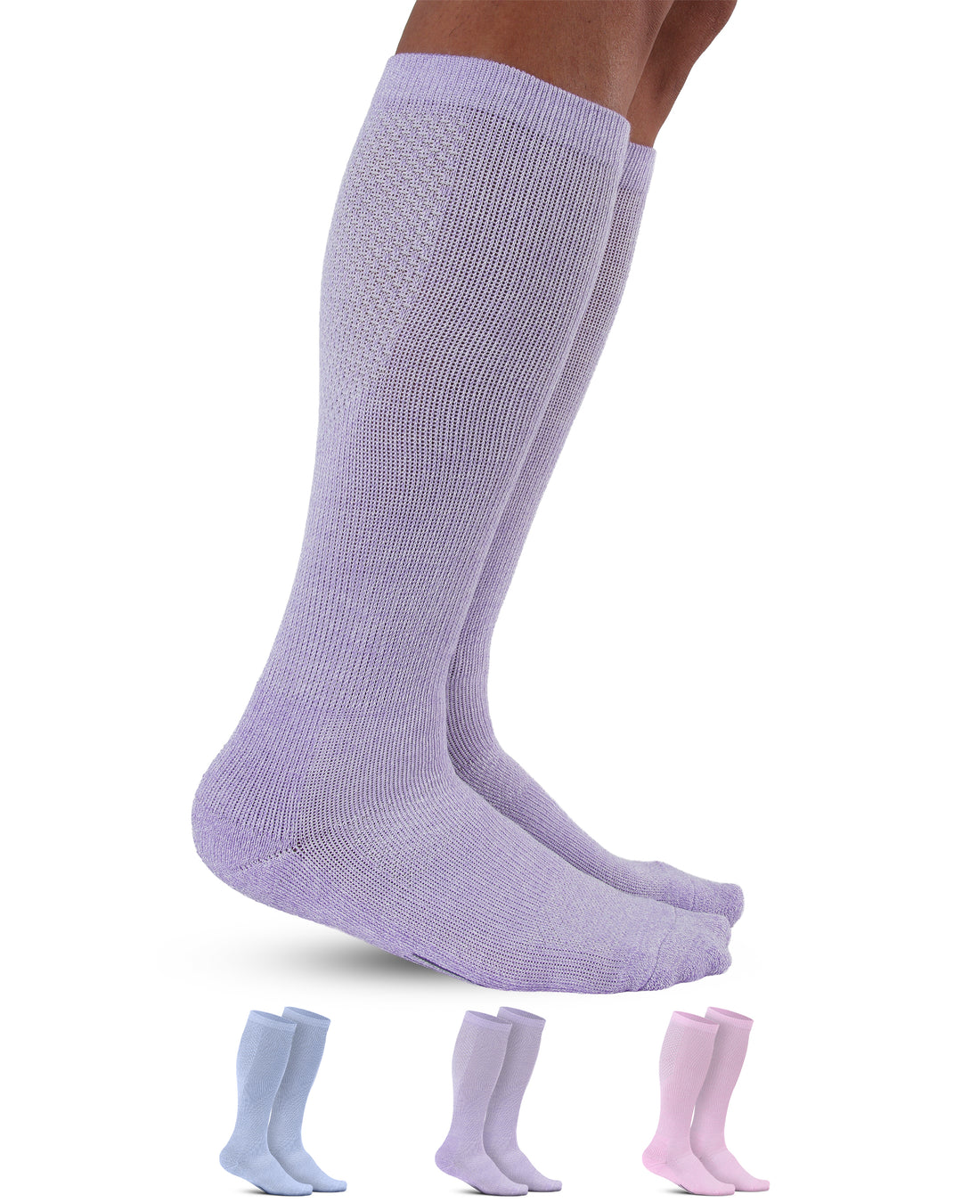 Knee-high socks in light purple with additional pairs displayed below on a white background