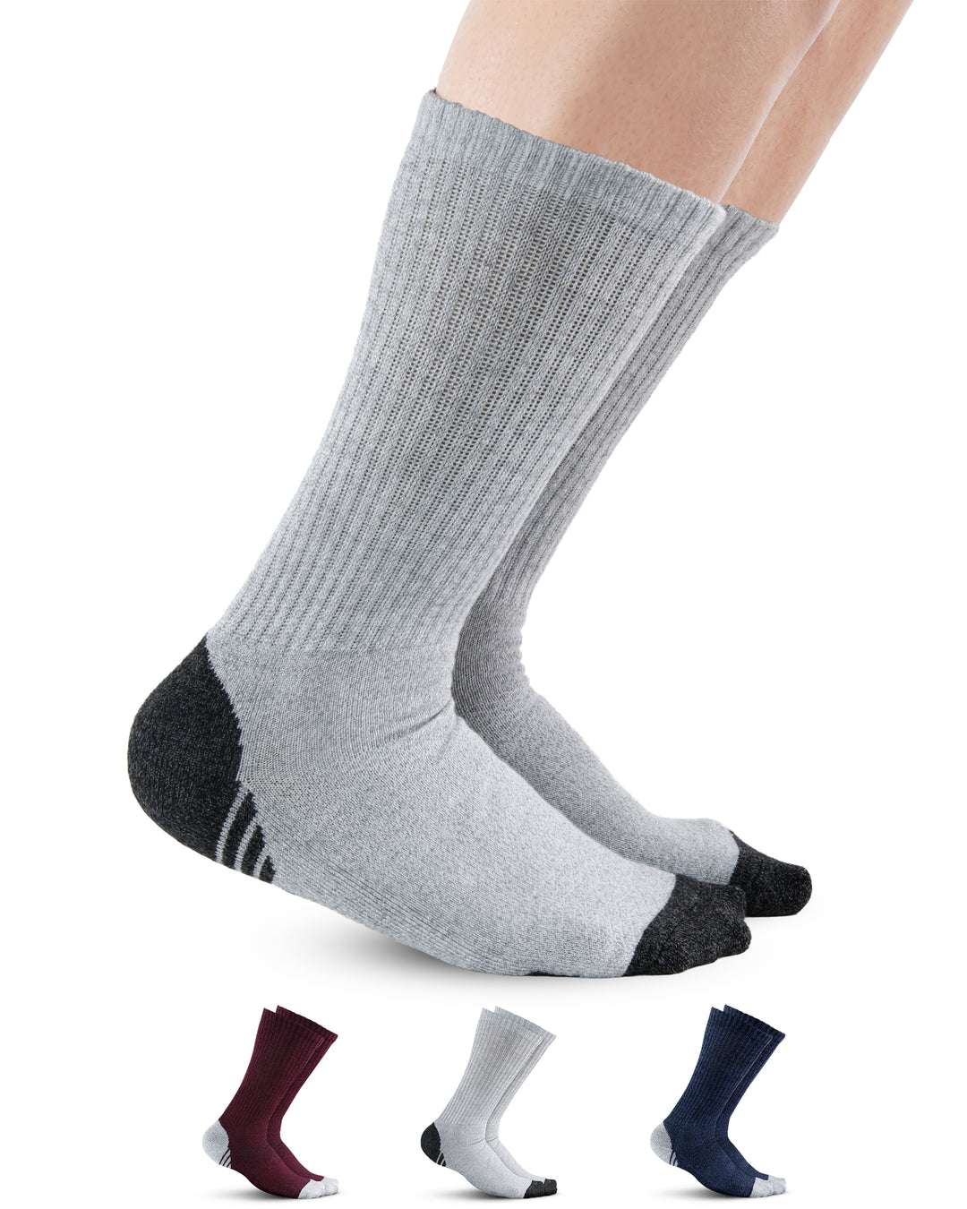 Gray socks with black toes and heels on a white background, with additional pairs of socks displayed below.