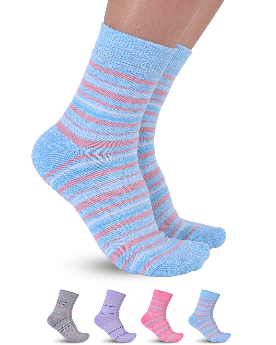 Blue and pink striped socks with additional pairs in gray, purple, and pink on a white background.