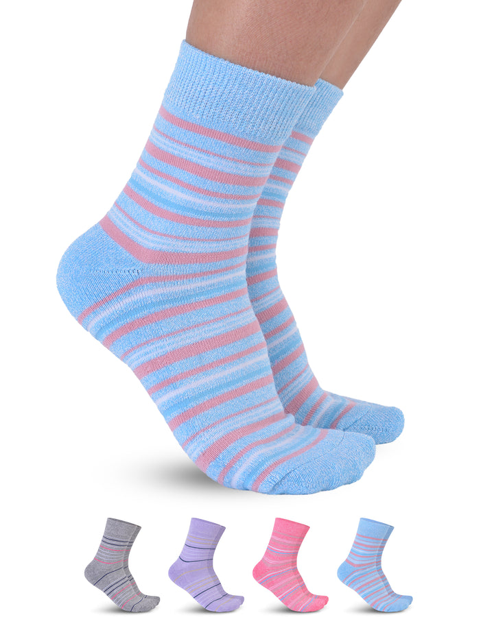 Blue and pink striped socks with additional pairs in gray, purple, and pink on a white background.