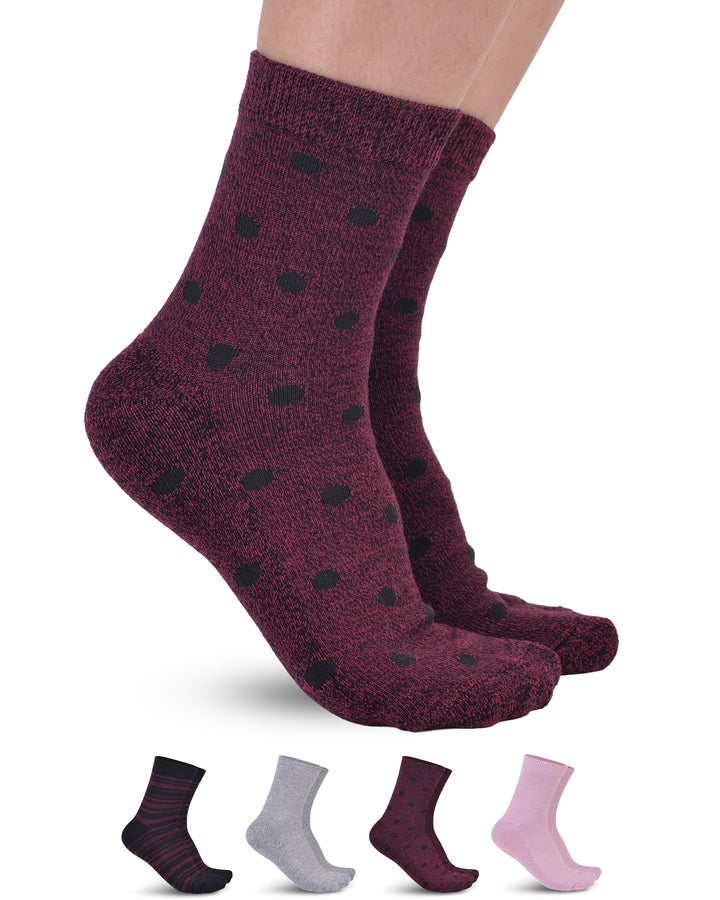 Maroon socks with black heart patterns on a white background, with additional colors shown below.