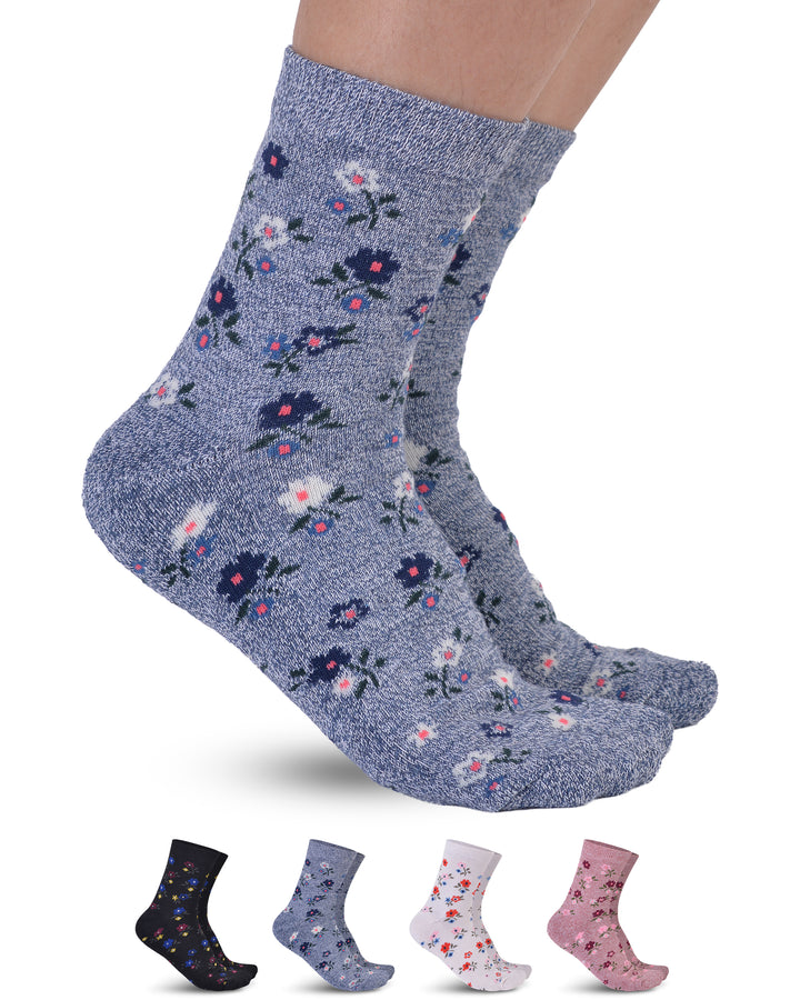 Floral patterned socks on a white background with additional pairs displayed below.